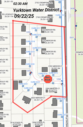 map of water main break location on Mercer Court