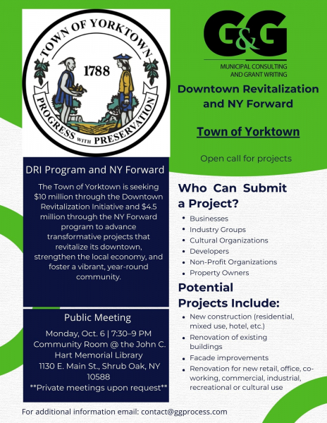 Downtown Revitalization and NY Forward Call for Projects, Public Meeting Monday, October 6th 7:30 - 9 PM in the John C. Hart Memorial Library Community Room