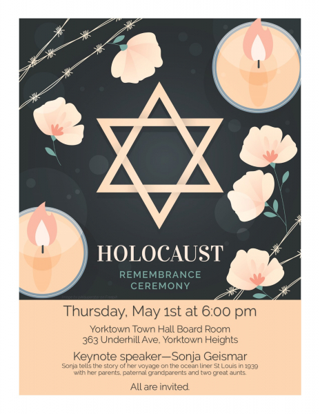 Holocaust Remembrance Ceremony, Thursday, May 1 at 6 pm, Town Hall Board Room