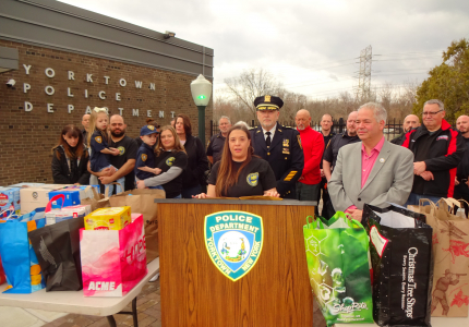 Anne Sgroi, the widow of Kenneth Sgroi, speaks at a Yorktown press conference on March 15, 2024.