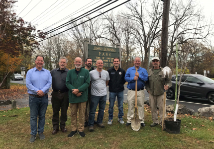 Yorktown officials at Downing Park with one of the trees that parks workers planted on November 1, 2024. 