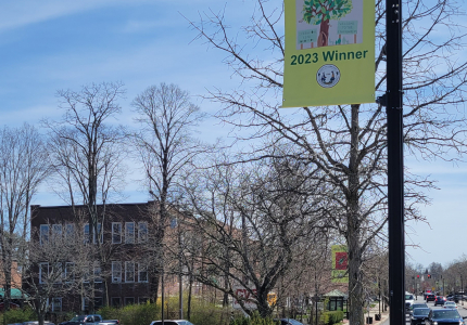 Image of a 2023 Arbor Day Poster Contest Banner on a street light pole.