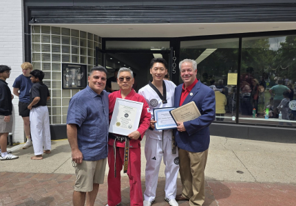 Councilman Sergio Esposito, Grandmaster W.S. Jeung, Philip Jeung & Yorktown Supervisor Ed Lachterman at W.S. Jeung Taekwondo
