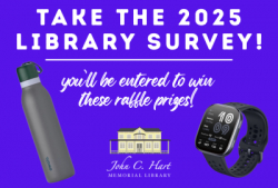 Take the 2025 Library Survey - You'll be entered to win these raffle prizes! Images of a water bottle, smart watch.