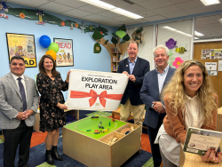 Left to right, Deputy Supervisor Sergio Esposito, library staffer Christine Julian, Councilman Patrick Murphy, Supervisor Ed Lachterman and Councilwoman Luciana Haughwout. Photo courtesy of the Town of Yorktown in the Hart library's new Exploration Play Area on Oct. 21, 2025. Town officials in the new exploration play area at the Hart Library.