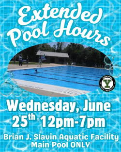 Extended Pool Hours, Wednesday, June 25th, 12-7 pm, Brian J. Slavin Aquatic Facility main pool only