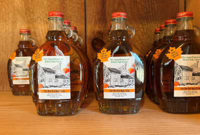 Image of White Oak Farm maple syrup bottles.